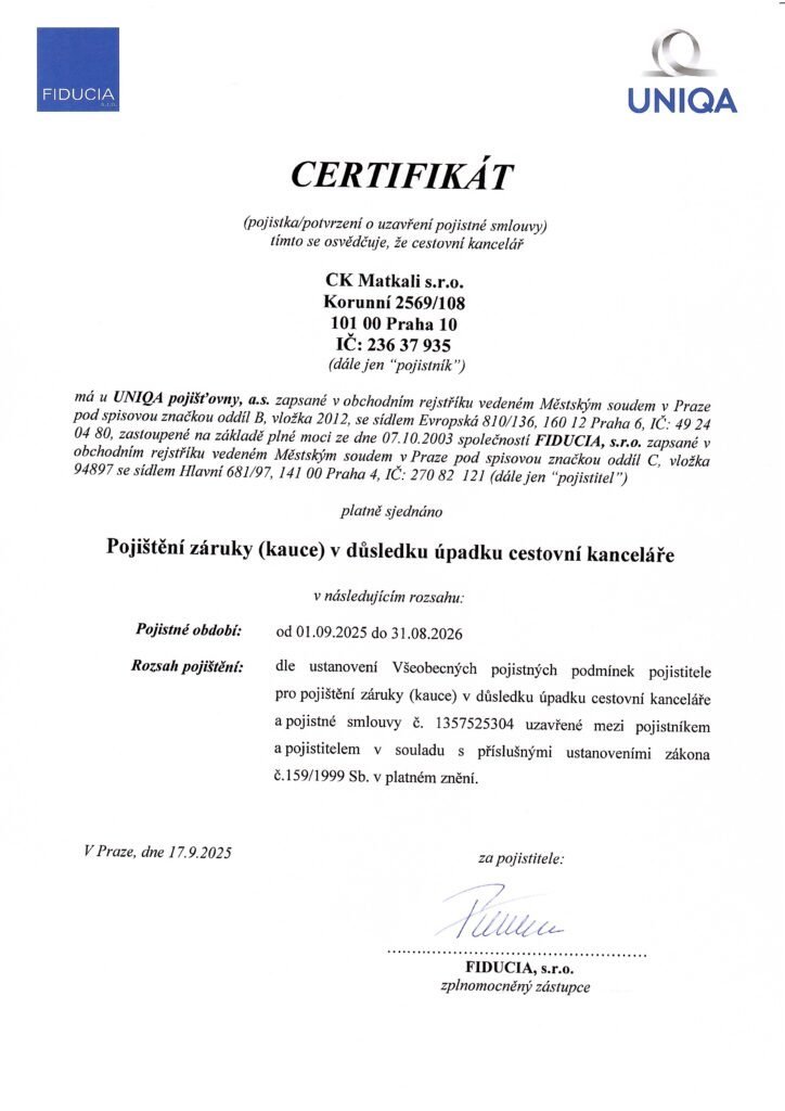Certifikát o pojištění proti úpadku pro CK Matkali od Pojišťovny Uniqa - 2025/2026