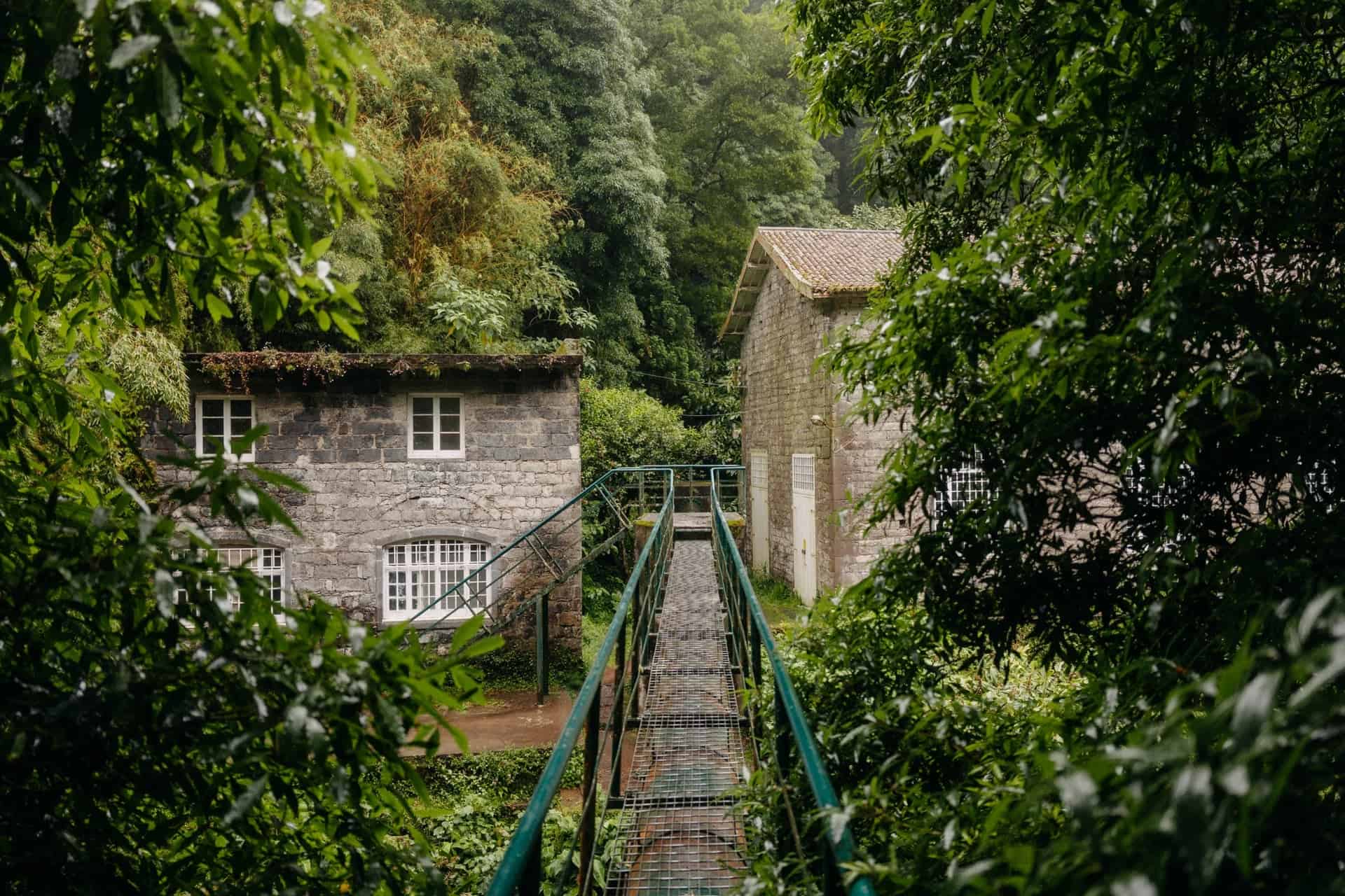Kovová lávka vedoucí k budovám v lese, Salto do Cabrito, Sao Miguel