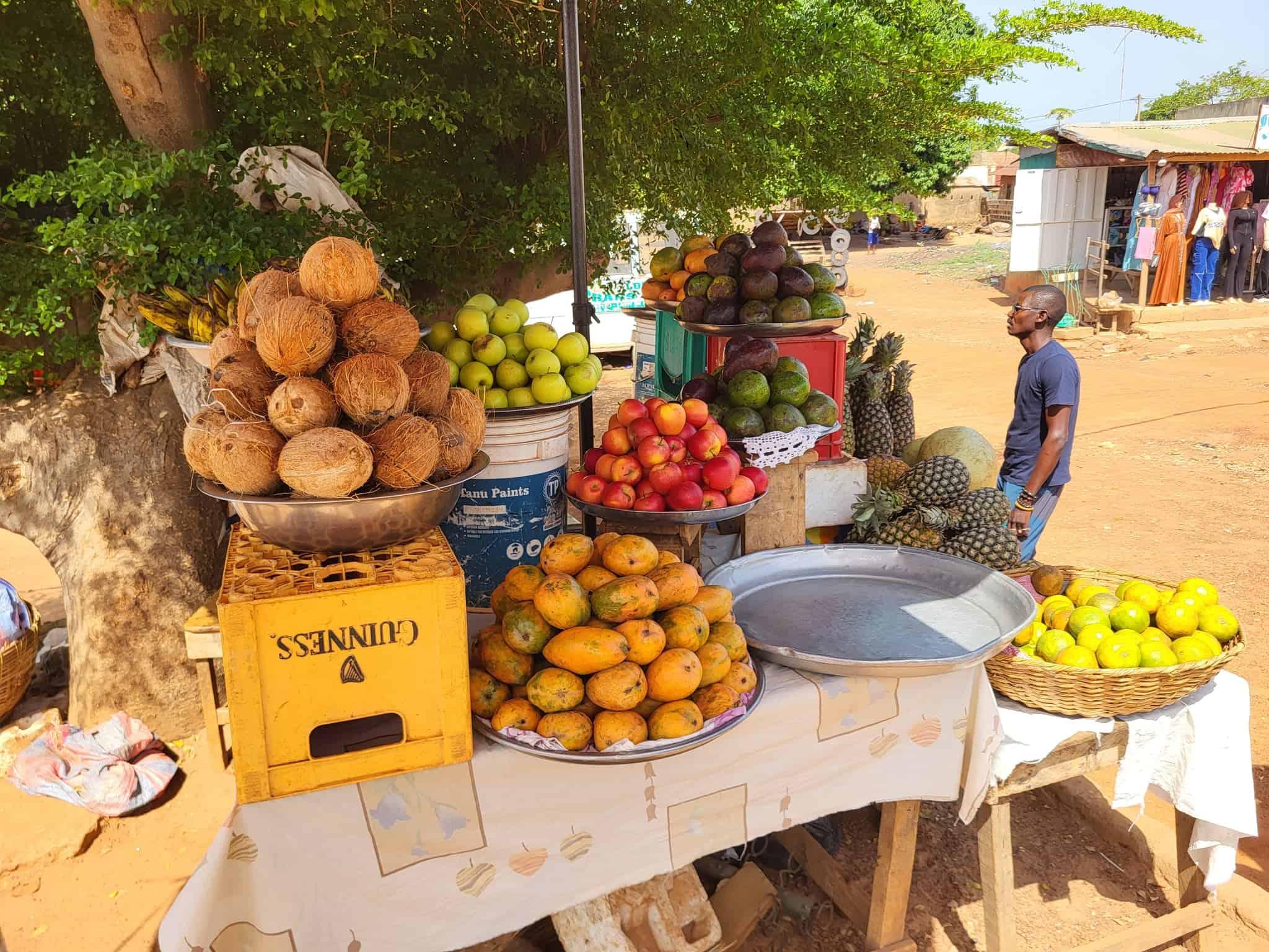 Ulice v Djougou s obchody a zastávkou, Benin